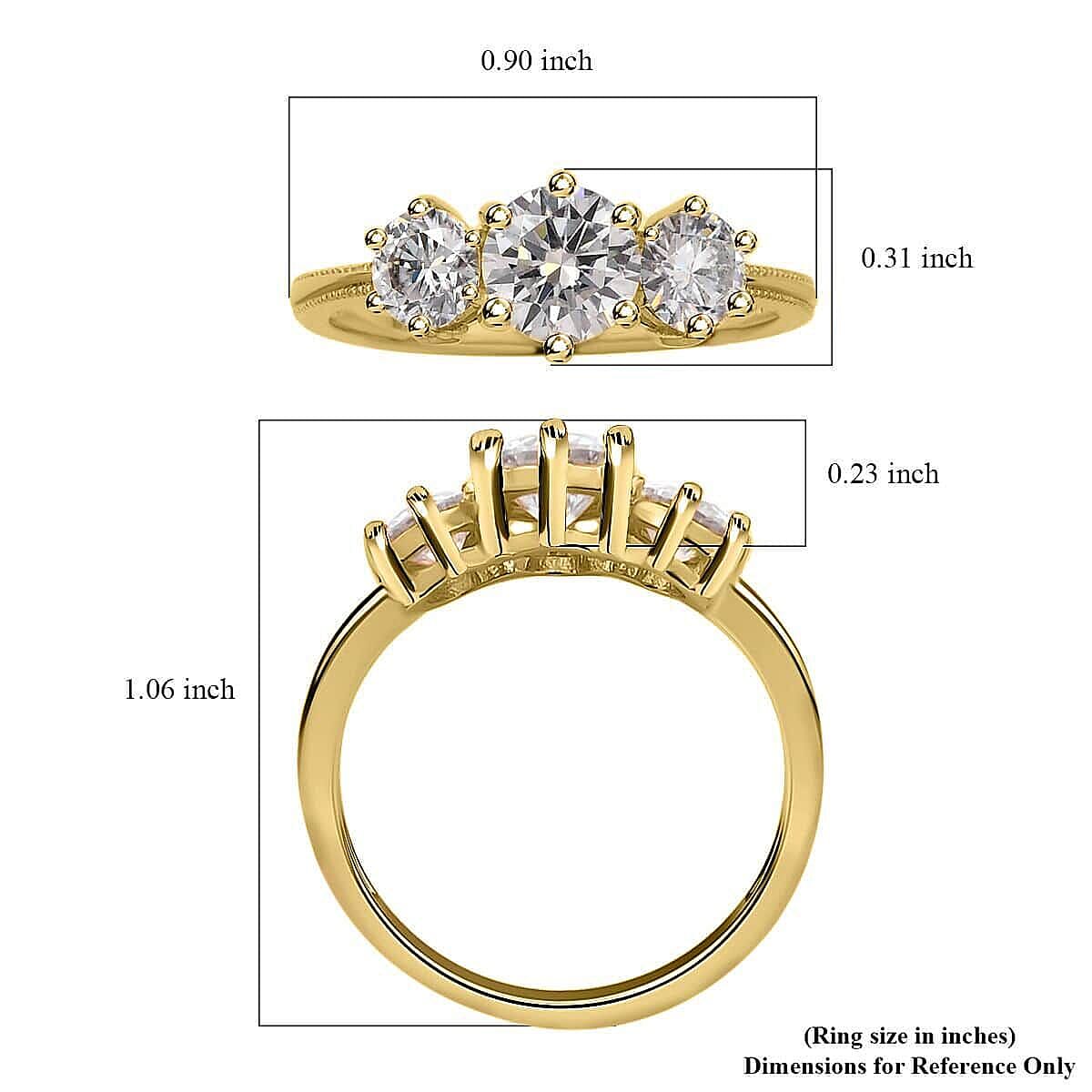 D'Joy Moissanite 1.75 ctw 3 Stone Ring in Vermeil Yellow Gold Over Sterling Silver (Size 6.0) 