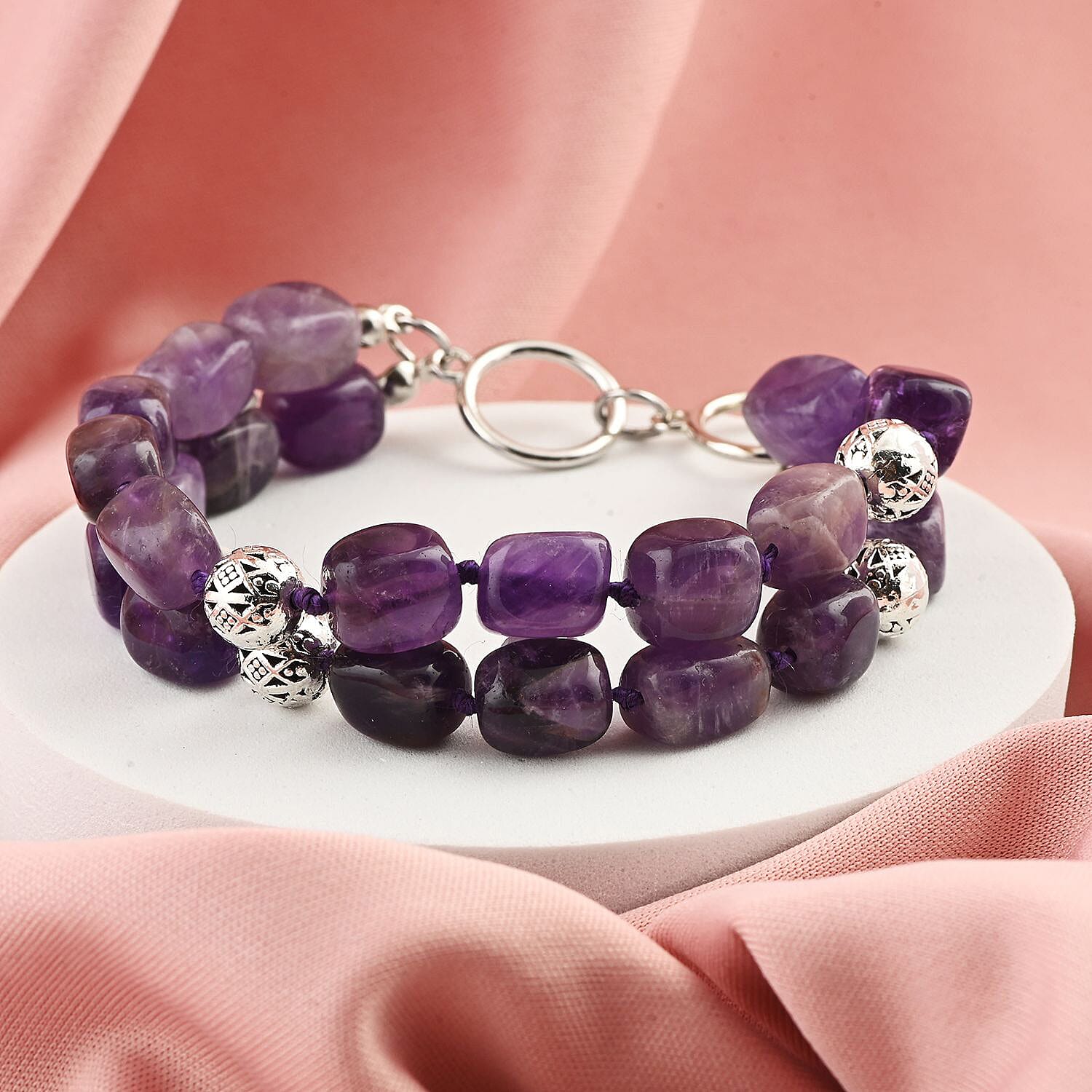 Bi-Color Amethyst 2 Row Beaded Bracelet in Silvertone (7.0-9.0In) 212.50 ctw