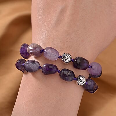 Bi-Color Amethyst 2 Row Beaded Bracelet in Silvertone (7.0-9.0In) 212.50 ctw