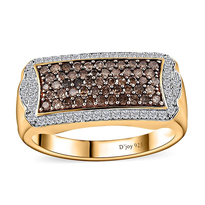 Natural Champagne and White Diamond Men's Ring in Rhodium and Vermeil Yellow Gold Over Sterling Silver (Size 10.0) 1.00 ctw