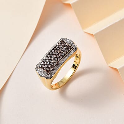 Natural Champagne and White Diamond Men's Ring in Rhodium and Vermeil Yellow Gold Over Sterling Silver (Size 10.0) 1.00 ctw