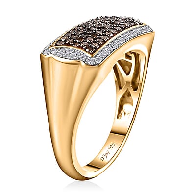 Natural Champagne and White Diamond Men's Ring in Rhodium and Vermeil Yellow Gold Over Sterling Silver (Size 10.0) 1.00 ctw