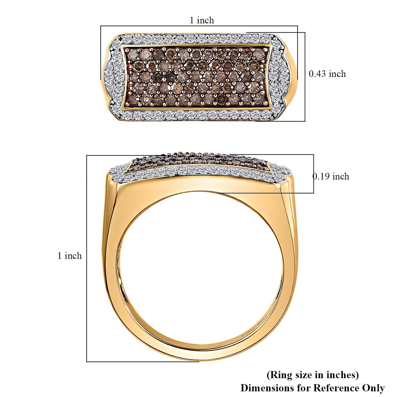 Natural Champagne and White Diamond Men's Ring in Rhodium and Vermeil Yellow Gold Over Sterling Silver (Size 10.0) 1.00 ctw