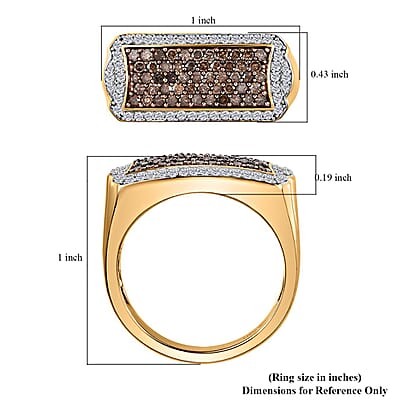 Natural Champagne and White Diamond Men's Ring in Rhodium and Vermeil Yellow Gold Over Sterling Silver (Size 10.0) 1.00 ctw