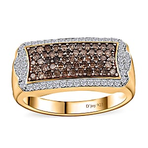 Natural Champagne and White Diamond Men's Ring in Rhodium and Vermeil Yellow Gold Over Sterling Silver (Size 13.0) 1.00 ctw