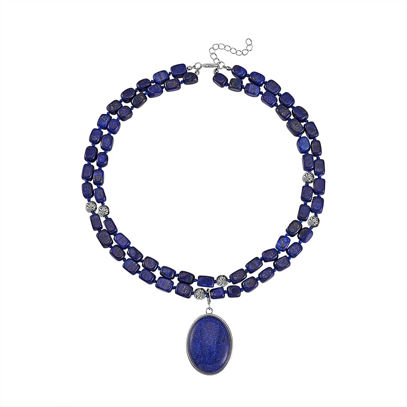 Lapis Lazuli Two Row Beaded Necklace 20 Inches with Matching Pendant in Silvertone 765.00 ctw
