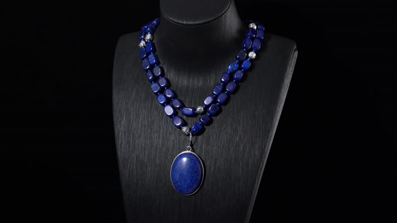 Lapis Lazuli Two Row Beaded Necklace 20 Inches with Matching Pendant in Silvertone 765.00 ctw
