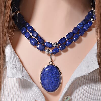Lapis Lazuli Two Row Beaded Necklace 20 Inches with Matching Pendant in Silvertone 765.00 ctw