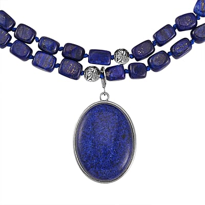 Lapis Lazuli Two Row Beaded Necklace 20 Inches with Matching Pendant in Silvertone 765.00 ctw