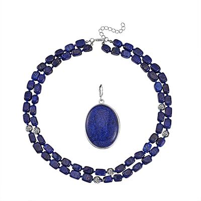 Lapis Lazuli Two Row Beaded Necklace 20 Inches with Matching Pendant in Silvertone 765.00 ctw