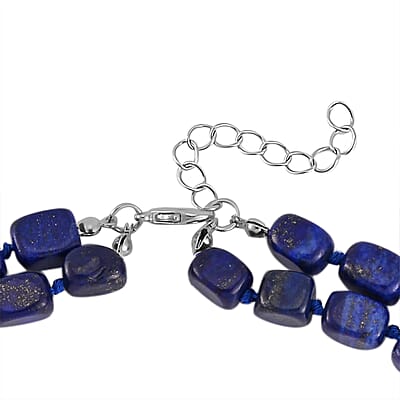 Lapis Lazuli Two Row Beaded Necklace 20 Inches with Matching Pendant in Silvertone 765.00 ctw