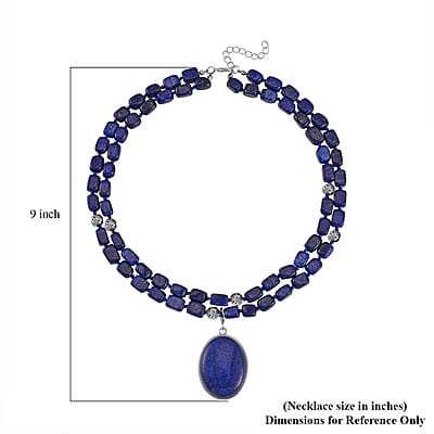 Lapis Lazuli Two Row Beaded Necklace 20 Inches with Matching Pendant in Silvertone 765.00 ctw