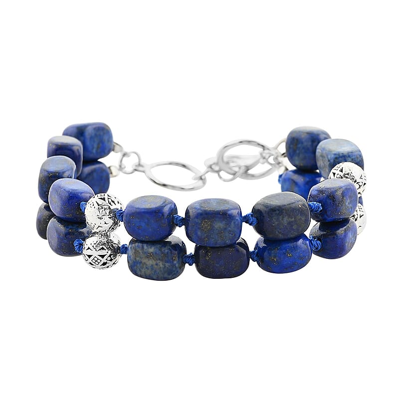 Lapis Lazuli 2 Row Beaded Bracelet in Silvertone (7.00 In) 218.65 ctw