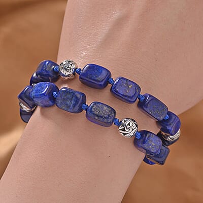 Lapis Lazuli 2 Row Beaded Bracelet in Silvertone (7.00 In) 218.65 ctw