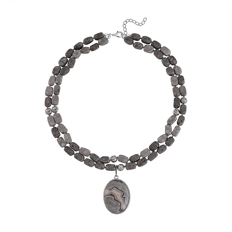 Map Jasper Two Row Beaded Necklace 20-22 Inches with Matching Pendant in Silvertone 687.00 ctw