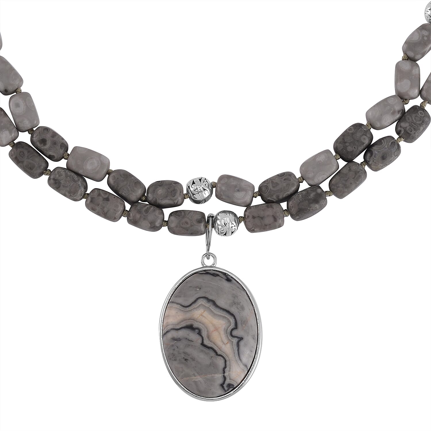 Map Jasper Two Row Beaded Necklace 20-22 Inches with Matching Pendant in Silvertone 687.00 ctw
