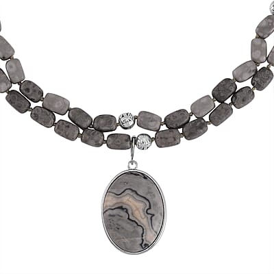 Map Jasper Two Row Beaded Necklace 20-22 Inches with Matching Pendant in Silvertone 687.00 ctw