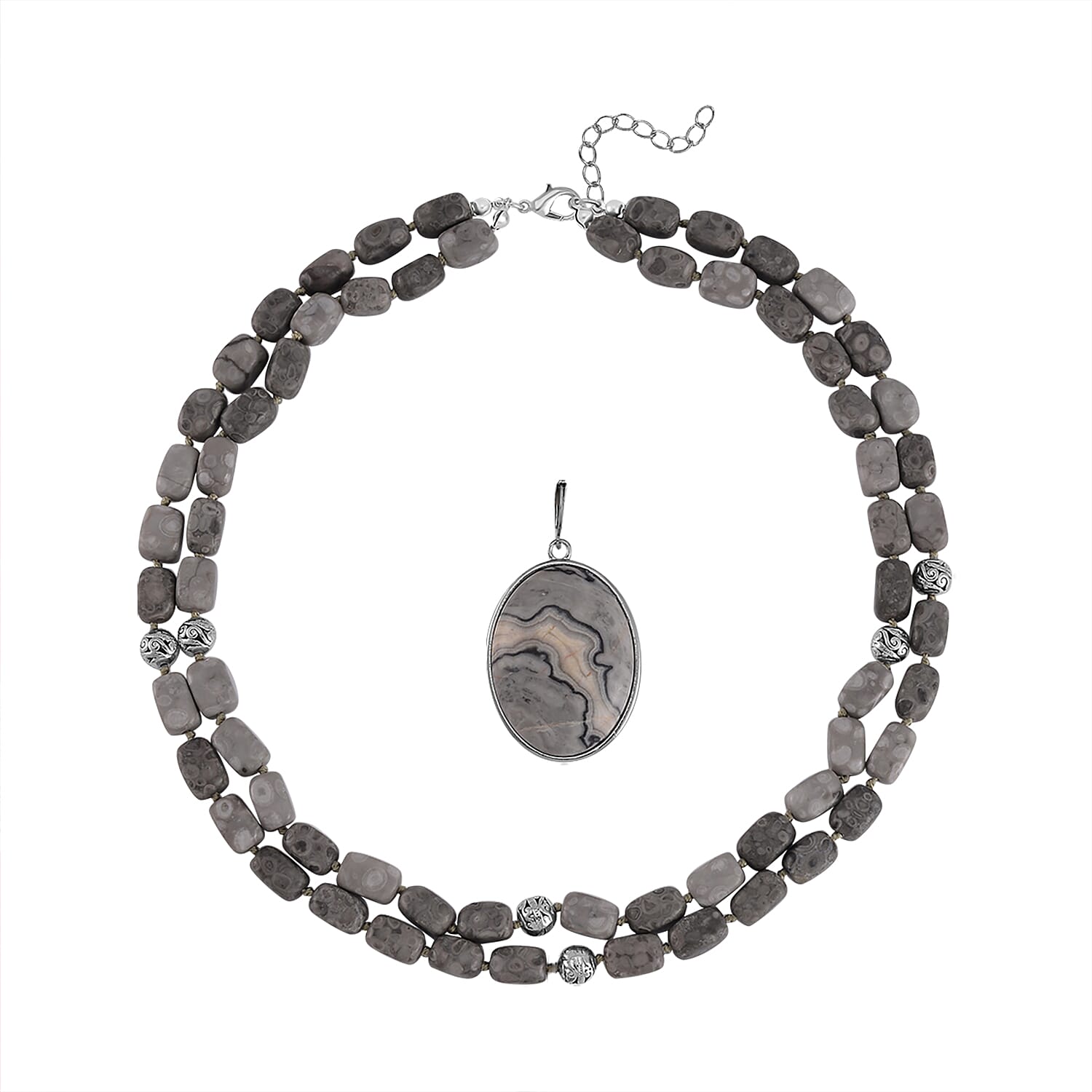 Map Jasper Two Row Beaded Necklace 20-22 Inches with Matching Pendant in Silvertone 687.00 ctw