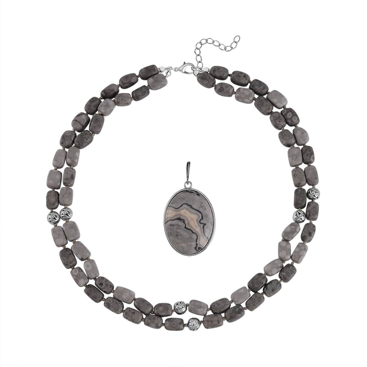 Map Jasper Two Row Beaded Necklace 20-22 Inches with Matching Pendant in Silvertone 687.00 ctw image number 3