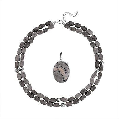 Map Jasper Two Row Beaded Necklace 20-22 Inches with Matching Pendant in Silvertone 687.00 ctw