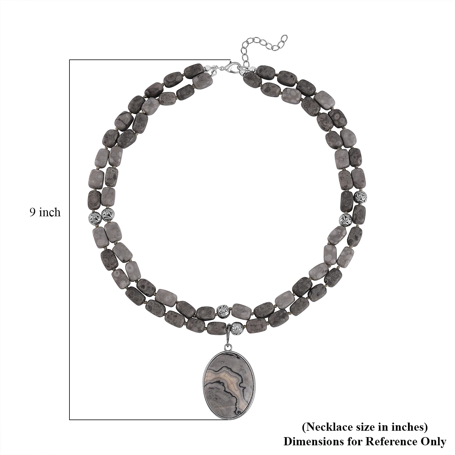 Map Jasper Two Row Beaded Necklace 20-22 Inches with Matching Pendant in Silvertone 687.00 ctw