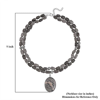 Map Jasper Two Row Beaded Necklace 20-22 Inches with Matching Pendant in Silvertone 687.00 ctw