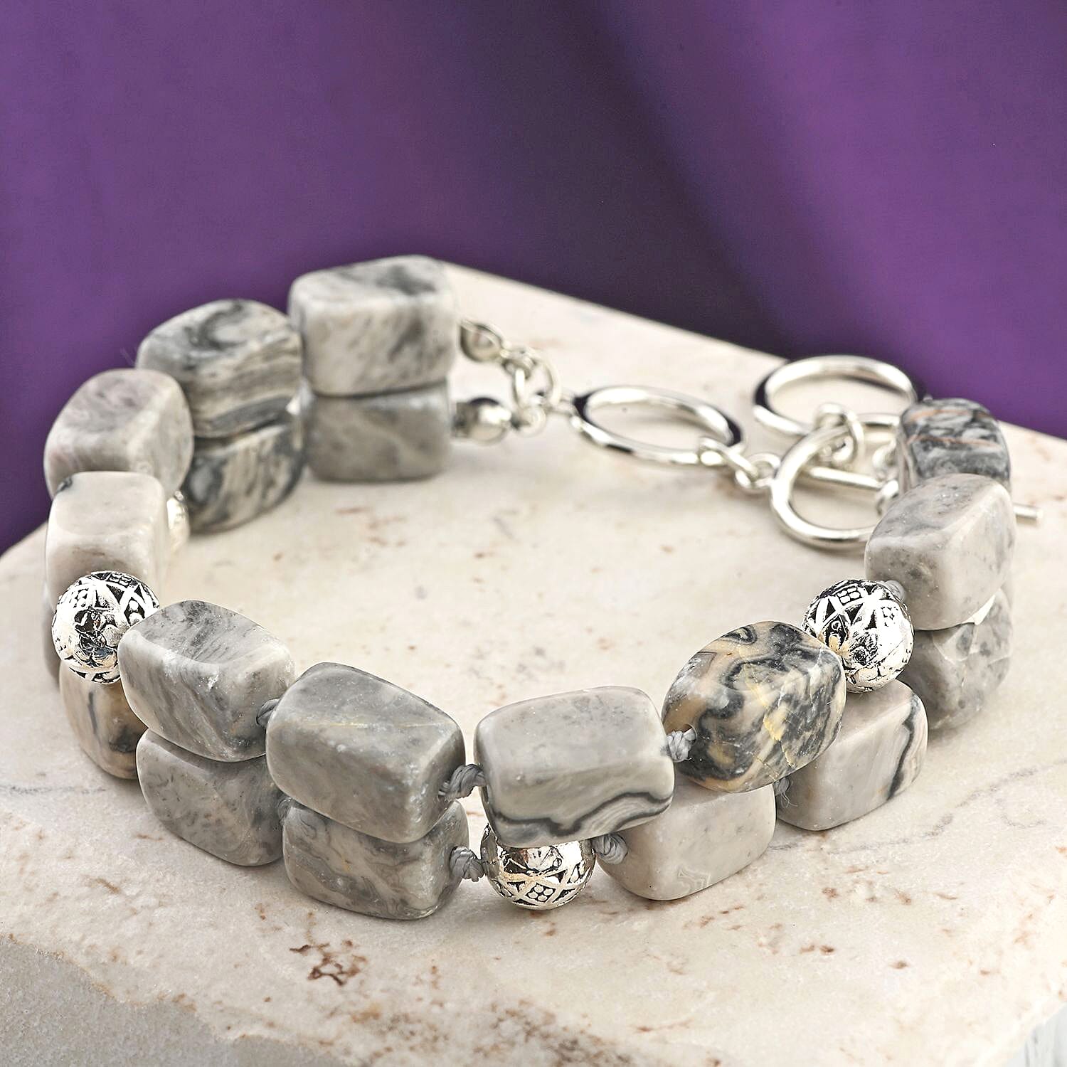 Map Jasper 2 Row Beaded Bracelet in Silvertone (7.0-9.0In) 201.85 ctw