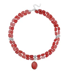 Cherry Quartz Two Row Beaded Necklace 20-22 Inches with Matching Pendant in Silvertone 571.50 ctw