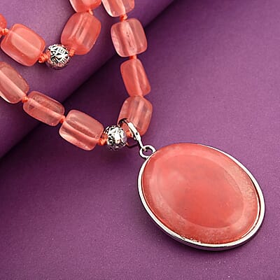 Cherry Quartz Two Row Beaded Necklace 20-22 Inches with Matching Pendant in Silvertone 571.50 ctw