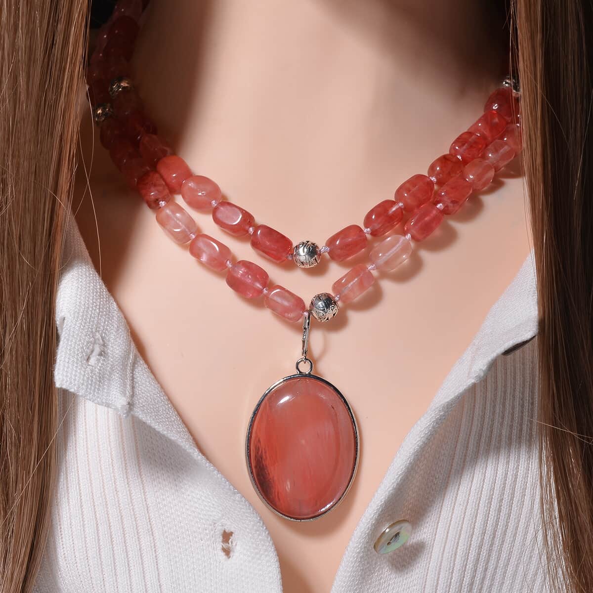 Cherry Quartz Two Row Beaded Necklace 20-22 Inches with Matching Pendant in Silvertone 571.50 ctw image number 2