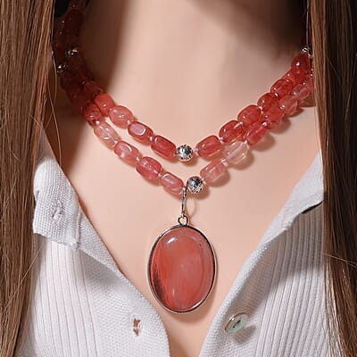 Cherry Quartz Two Row Beaded Necklace 20-22 Inches with Matching Pendant in Silvertone 571.50 ctw