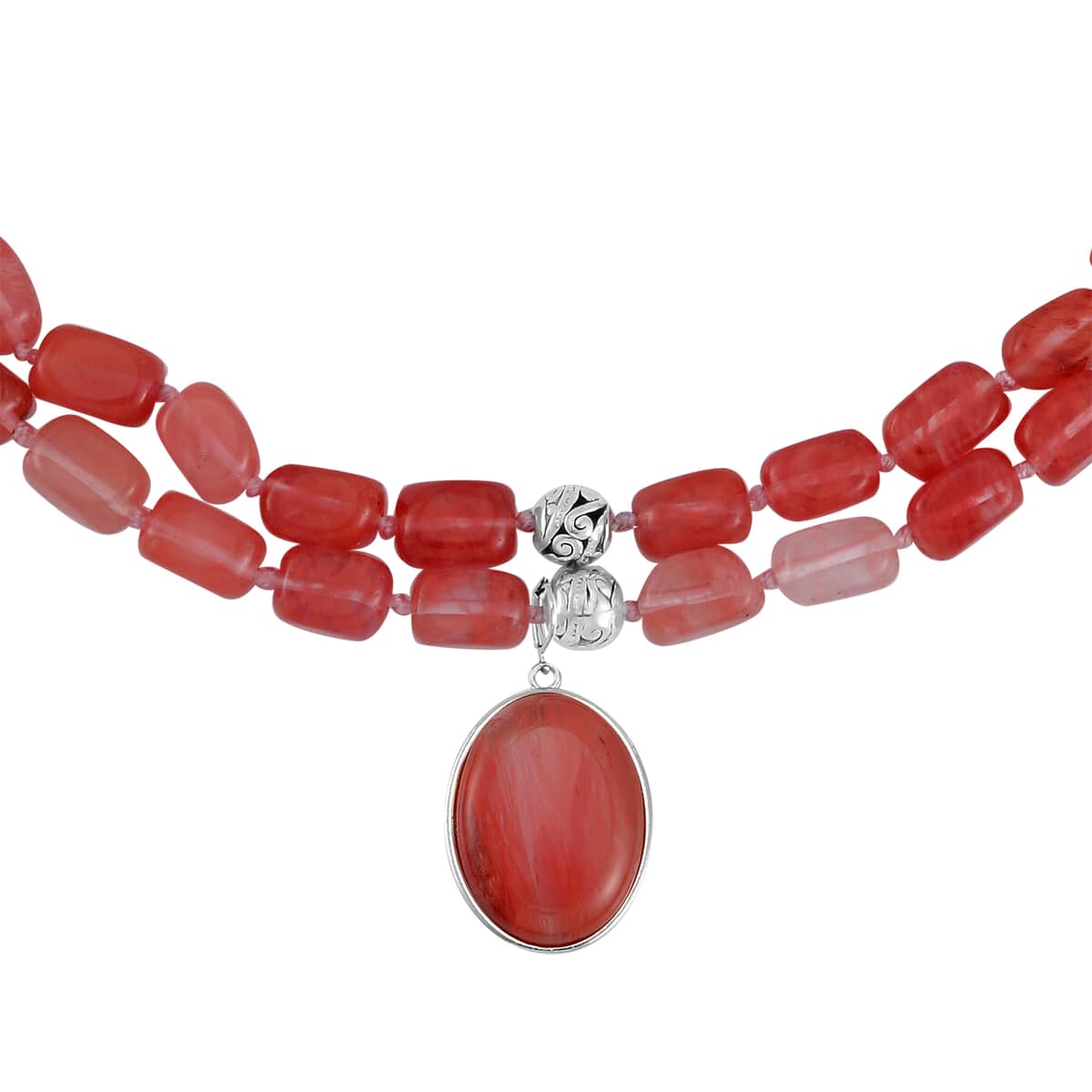 Cherry Quartz Two Row Beaded Necklace 20-22 Inches with Matching Pendant in Silvertone 571.50 ctw image number 3