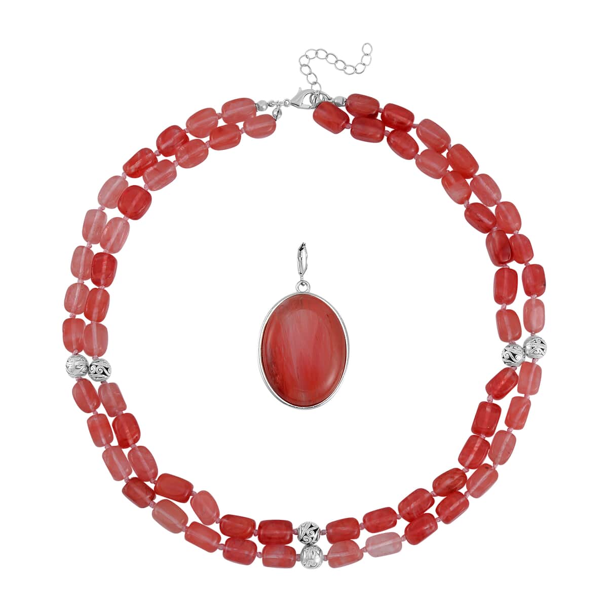 Cherry Quartz Two Row Beaded Necklace 20-22 Inches with Matching Pendant in Silvertone 571.50 ctw image number 4
