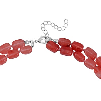 Cherry Quartz Two Row Beaded Necklace 20-22 Inches with Matching Pendant in Silvertone 571.50 ctw