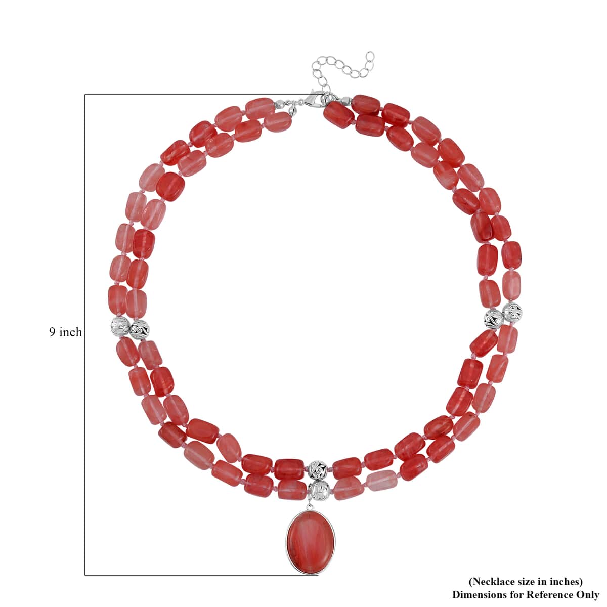 Cherry Quartz Two Row Beaded Necklace 20-22 Inches with Matching Pendant in Silvertone 571.50 ctw image number 6
