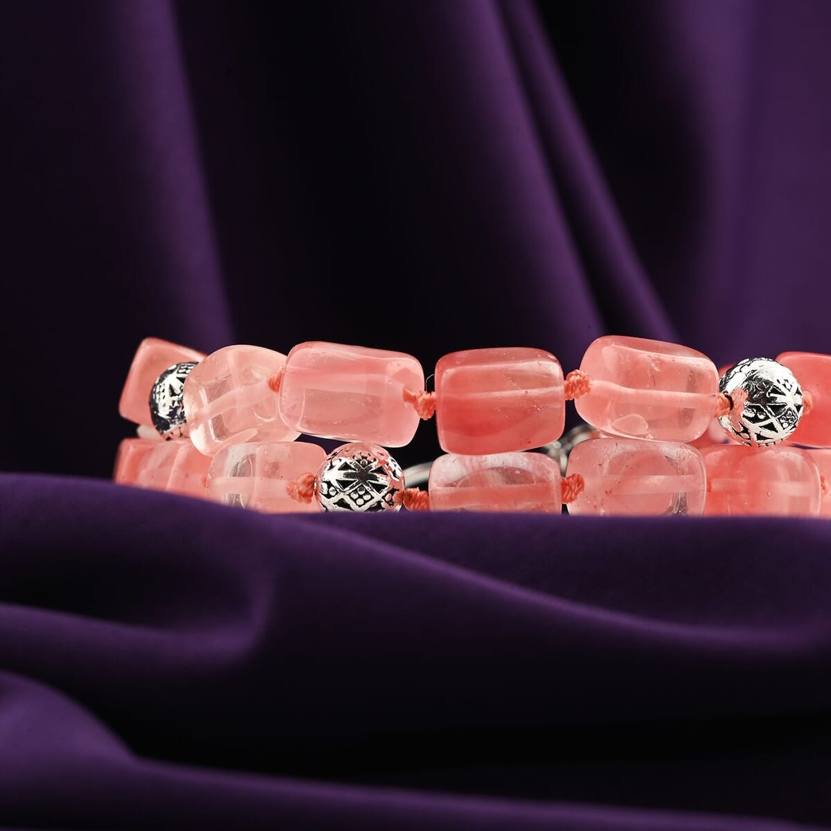 Cherry Quartz 2 Row Beaded Bracelet in Silvertone (7.0-9.0In) 153.20 ctw image number 1