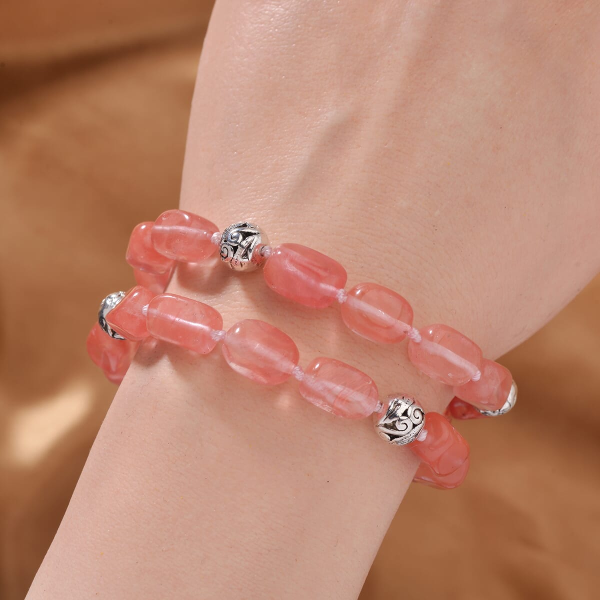 Cherry Quartz 2 Row Beaded Bracelet in Silvertone (7.0-9.0In) 153.20 ctw image number 2