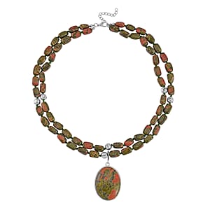 Unakite Two Row Beaded Necklace (20 Inches) with Matching Pendant in Silvertone 708.60 ctw