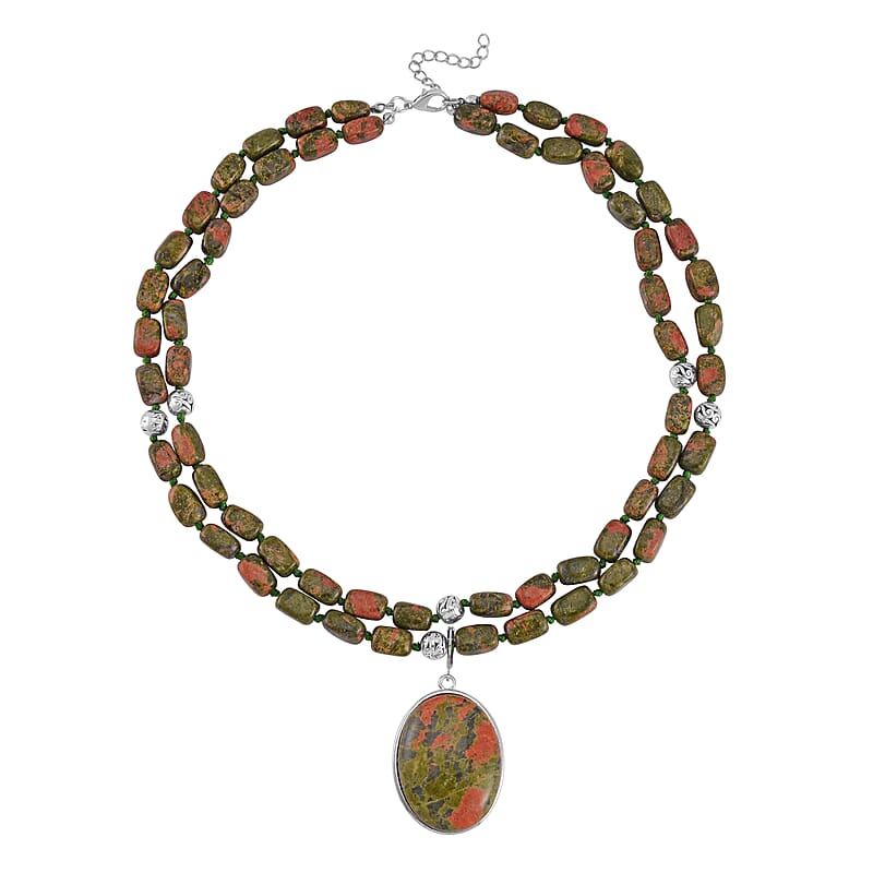 Unakite Two Row Beaded Necklace (20 Inches) with Matching Pendant in Silvertone 708.60 ctw