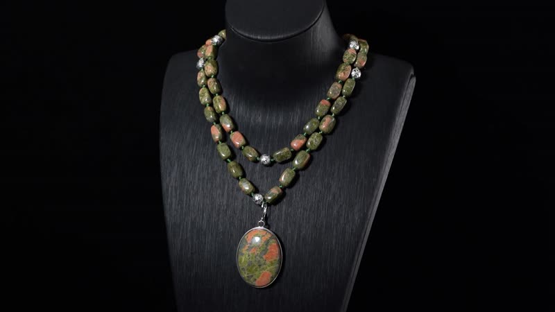 Unakite Two Row Beaded Necklace (20 Inches) with Matching Pendant in Silvertone 708.60 ctw