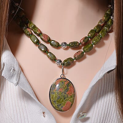 Unakite Two Row Beaded Necklace (20 Inches) with Matching Pendant in Silvertone 708.60 ctw