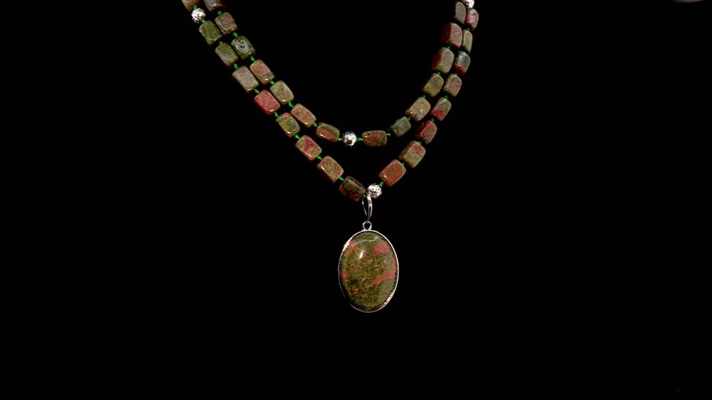 Unakite Two Row Beaded Necklace (20 Inches) with Matching Pendant in Silvertone 708.60 ctw