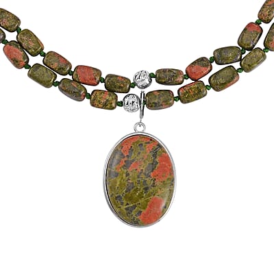 Unakite Two Row Beaded Necklace (20 Inches) with Matching Pendant in Silvertone 708.60 ctw