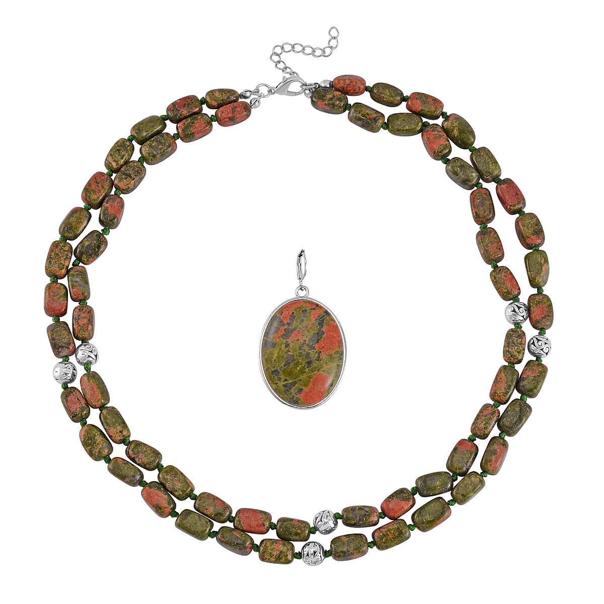 Unakite Two Row Beaded Necklace (20 Inches) with Matching Pendant in Silvertone 708.60 ctw image number 4