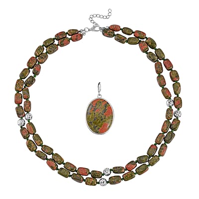 Unakite Two Row Beaded Necklace (20 Inches) with Matching Pendant in Silvertone 708.60 ctw