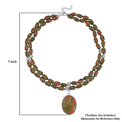 Unakite Two Row Beaded Necklace (20 Inches) with Matching Pendant in Silvertone 708.60 ctw