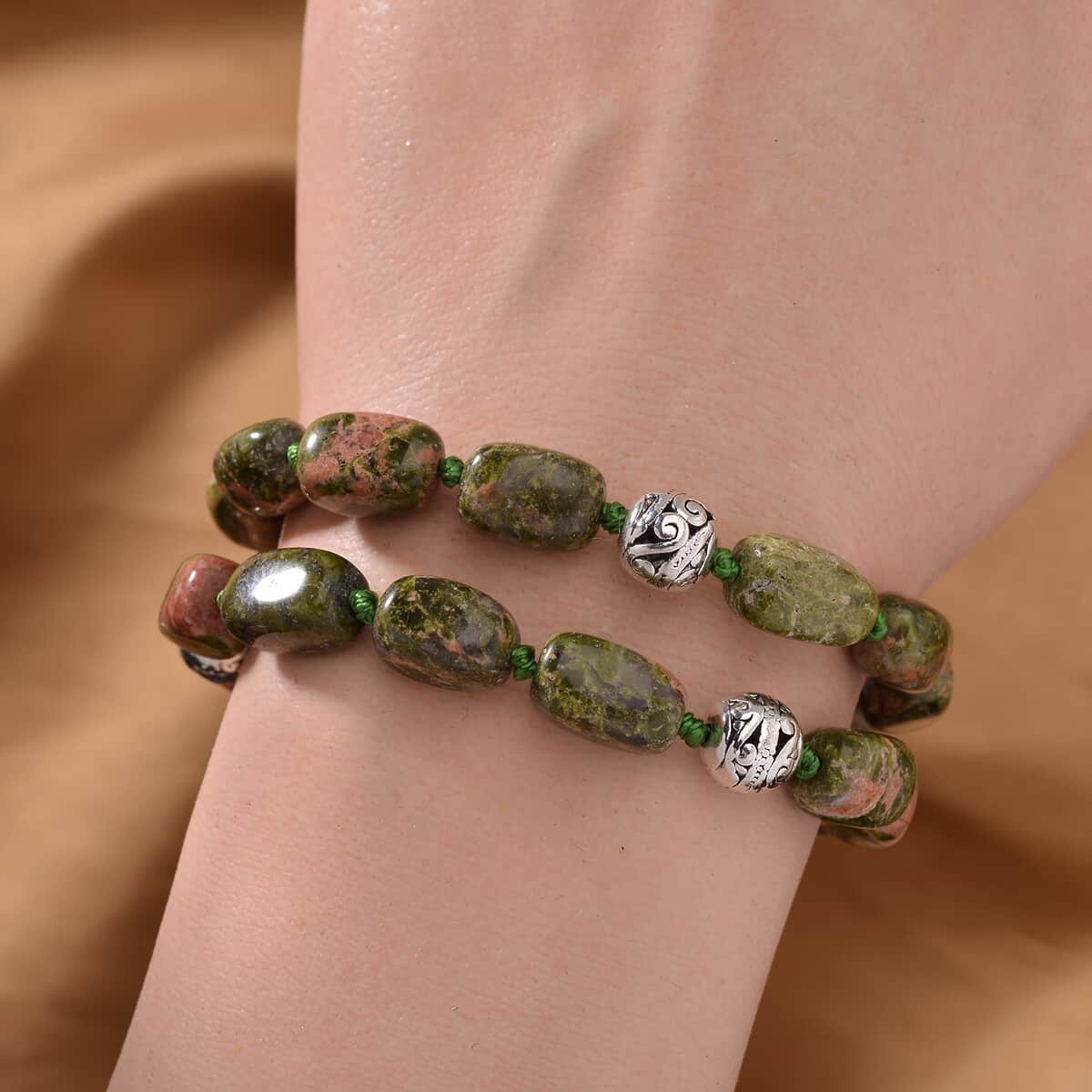 Unakite 2 Row Beaded Bracelet in Silvertone (7.0-9.0In) 180.00 ctw image number 2