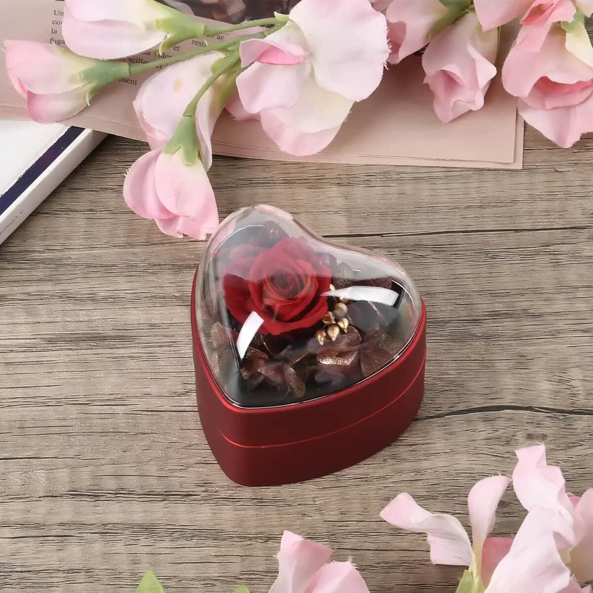 Red Acrylic Heart Shape Ring Box with 3D Flower on Top image number 1