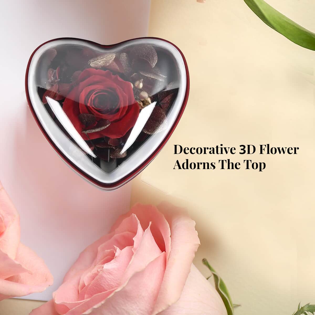 Red Acrylic Heart Shape Ring Box with 3D Flower on Top image number 2