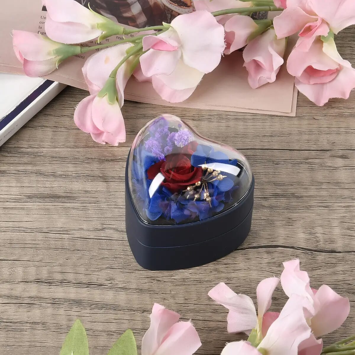 Blue Acrylic Heart Shape Ring Box with 3D Flower on Top image number 1